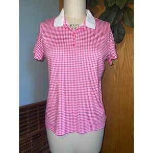 Lands' End Women's Pink Gingham‎ Polo Shirt White Collar Short Sleeve Size P-LG